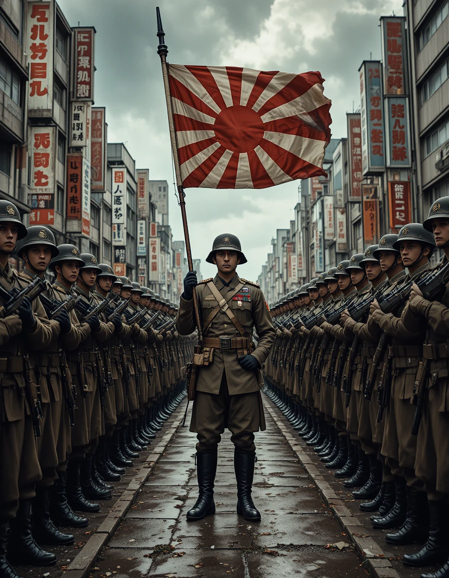 Soldados japoneses em formação com bandeira em rua da cidade