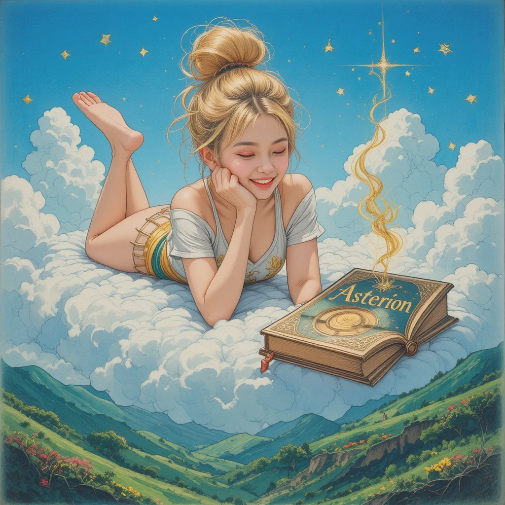 Ethereal blonde woman on a cloud above wild green landscape