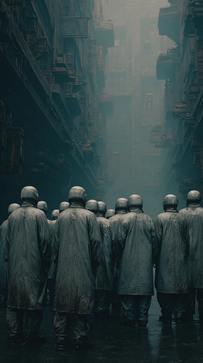 Group of enslaved figures in a dark industrial sci fi setting