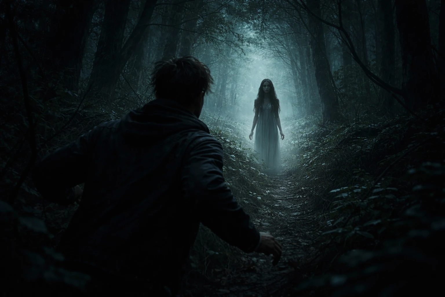 Mysterious girl hidden deep within a dark forest
