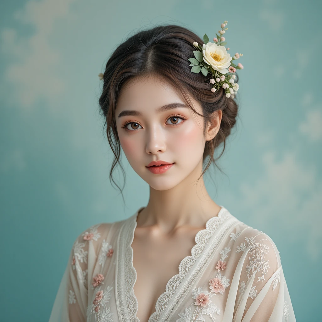 身穿花卉蕾絲長袍的年輕女子溫柔人像