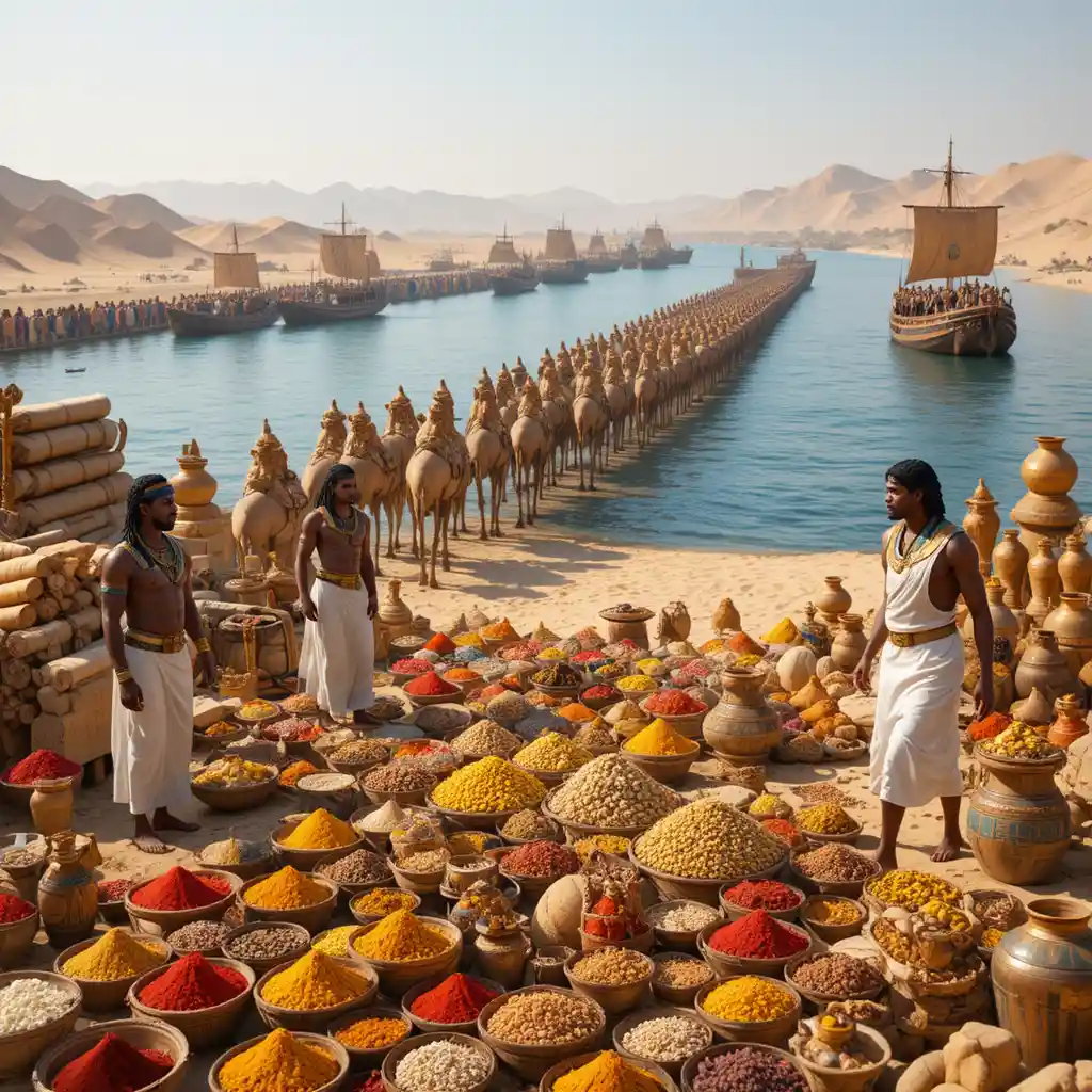 Ancient Egyptian merchants arranging goods in a desert market