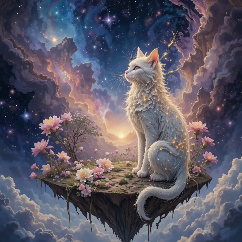 Celestial cat on a floating island in cosmic starlight