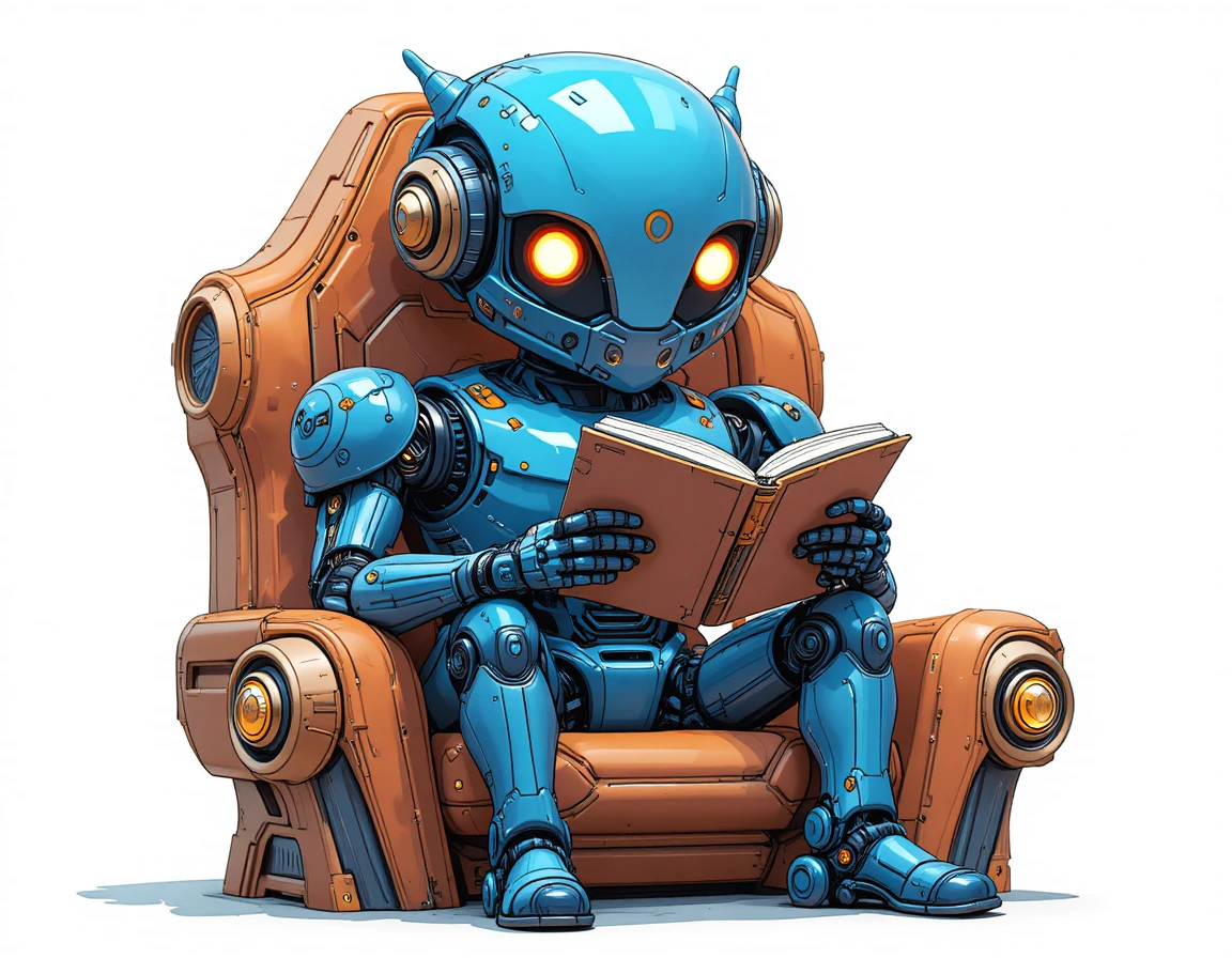 Robô humanoide lendo um livro em uma cadeira futurista