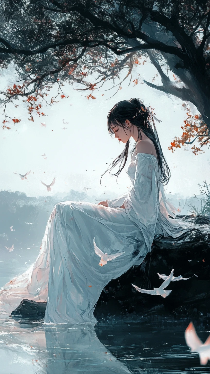 Young woman in white dress on a floating rock