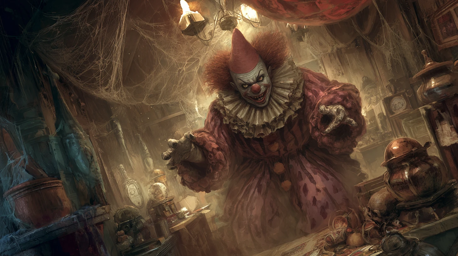 Evil clown lurking in a cobweb filled haunted room corner