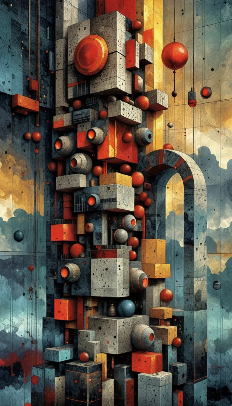 Columna geométrica abstracta con círculos rojos brillantes