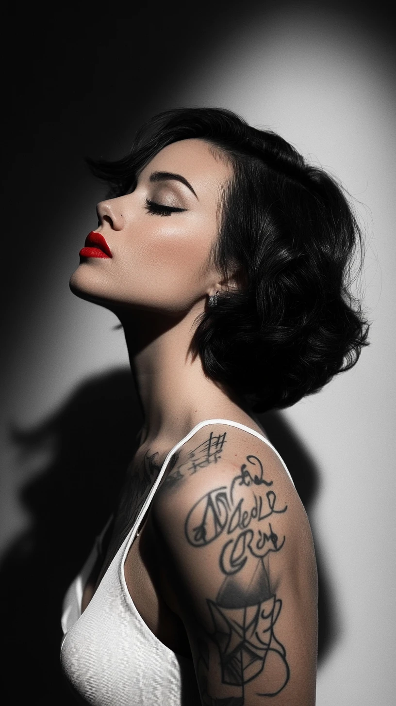 Portrait de Profil en Noir et Blanc d’une Femme Tatouée