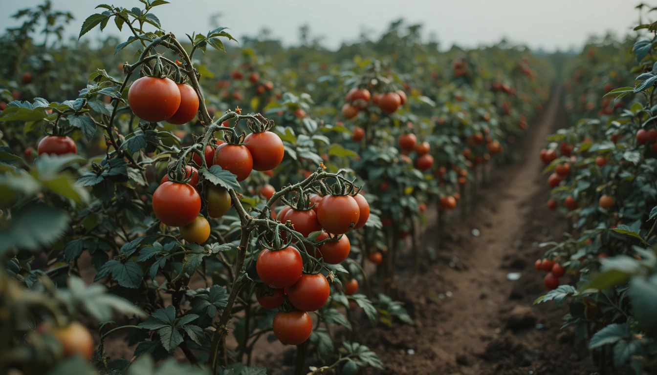 Moitas escuras de tomate preenchendo um amplo campo de fazenda ao fundo