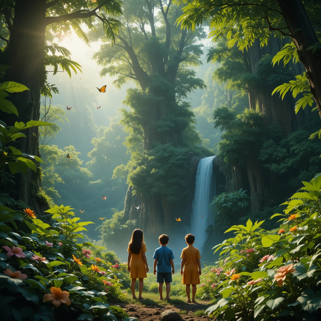 Three children exploring a lush green jungle clearing