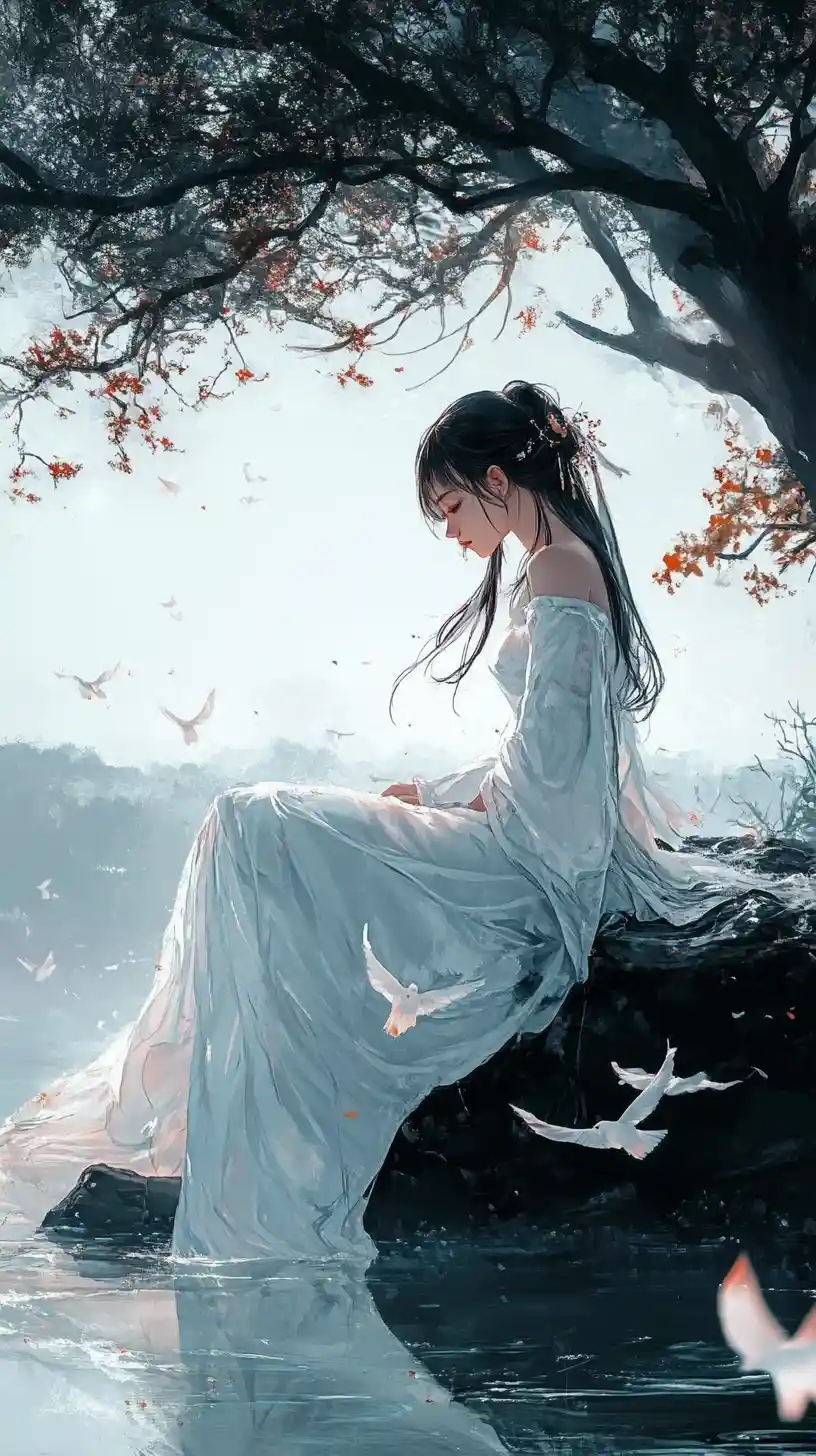 Young woman in white dress on a floating rock