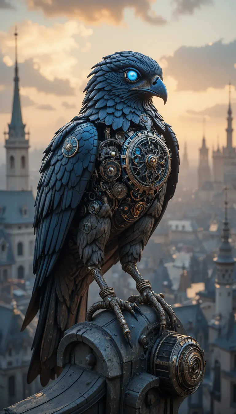 Clockwork falcon automaton on gargoyle above enchanted city