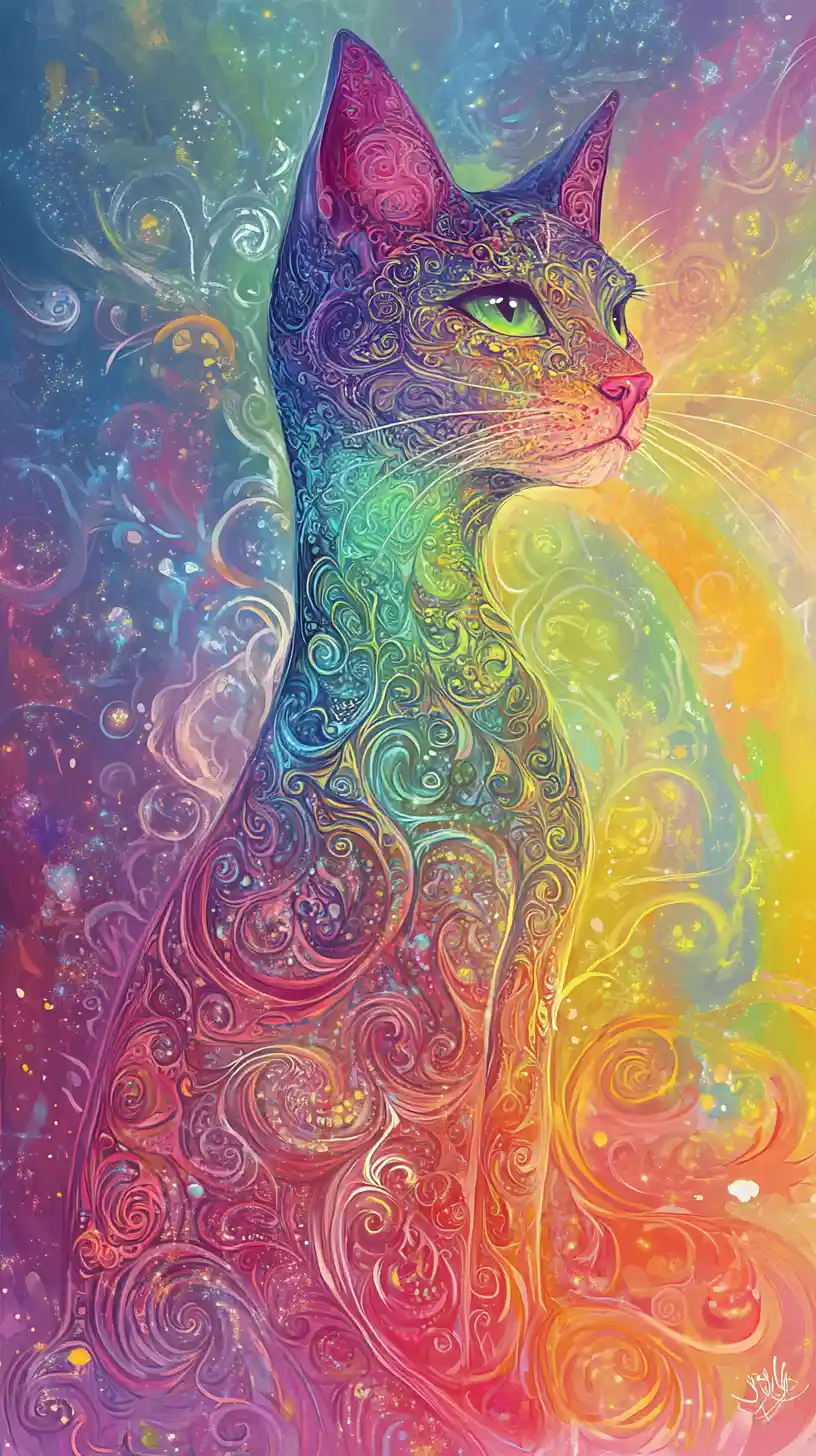 Cartoonkatze im Close-up vor einem regenbogenfarbenen abstrakten Hintergrund
