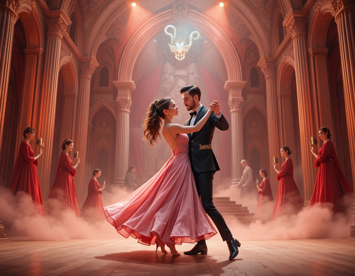 Elegant couple dancing on a dramatic gothic theater stage