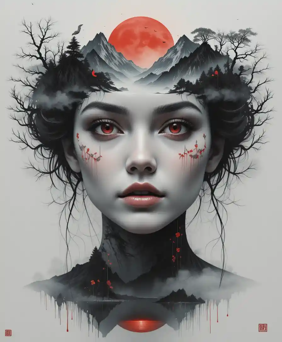 Surreal double exposure portrait of woman and misty landscape