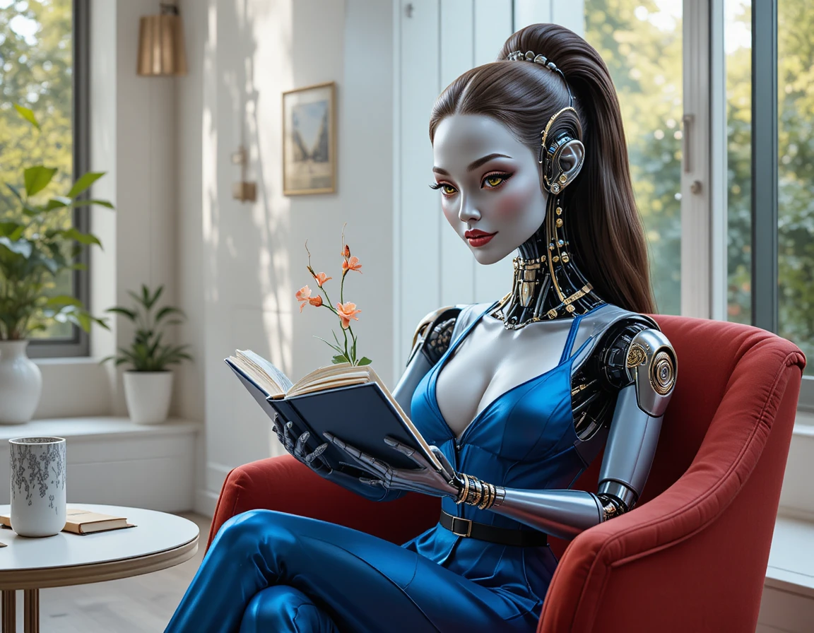 Robot humanoide leyendo un libro en una silla futurista