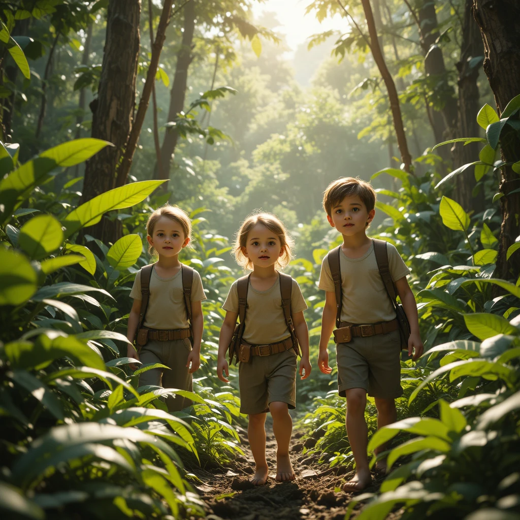 Curious children exploring a lush green jungle path