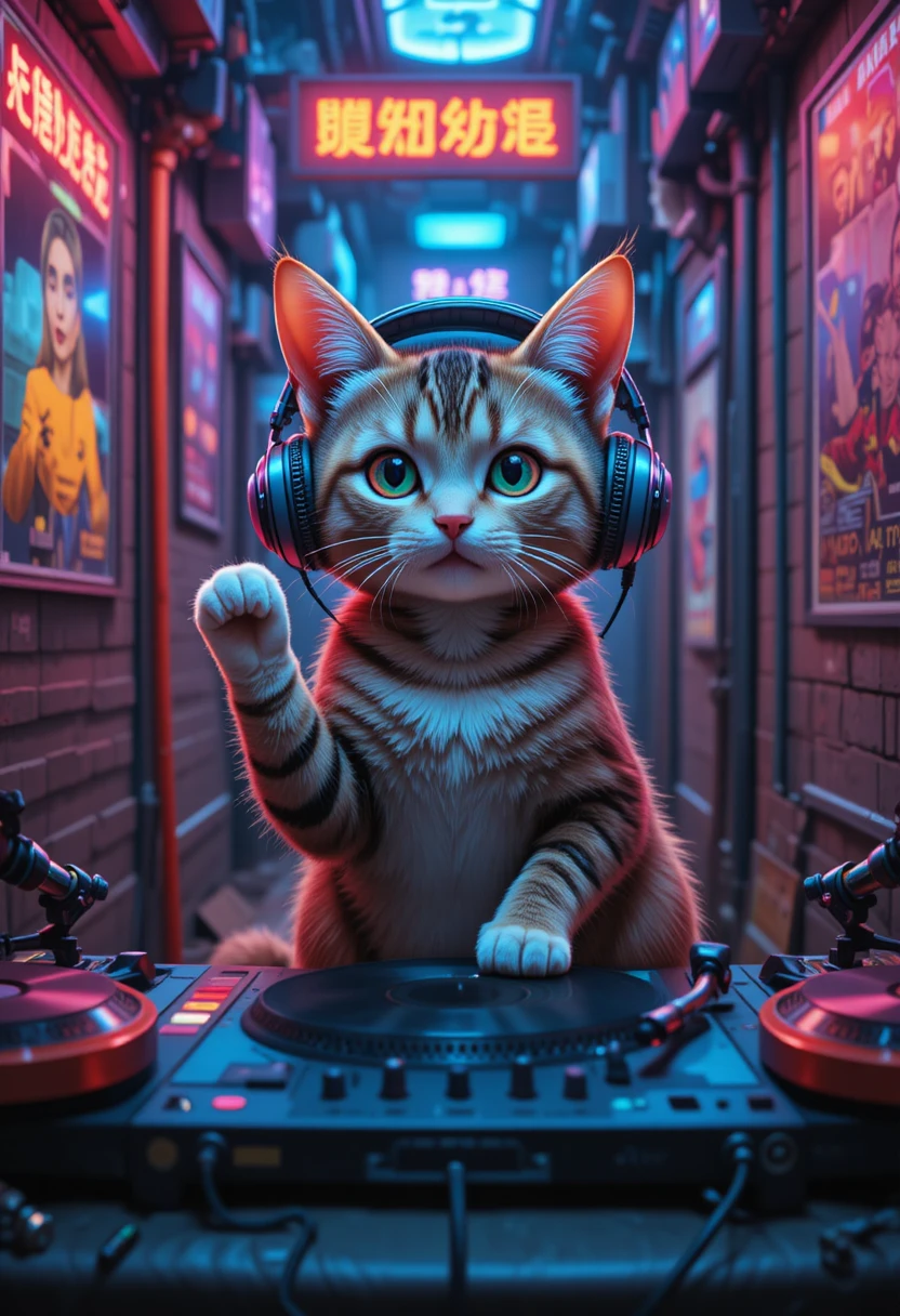 Gato malhado DJ em viela de neon ilustração em anime