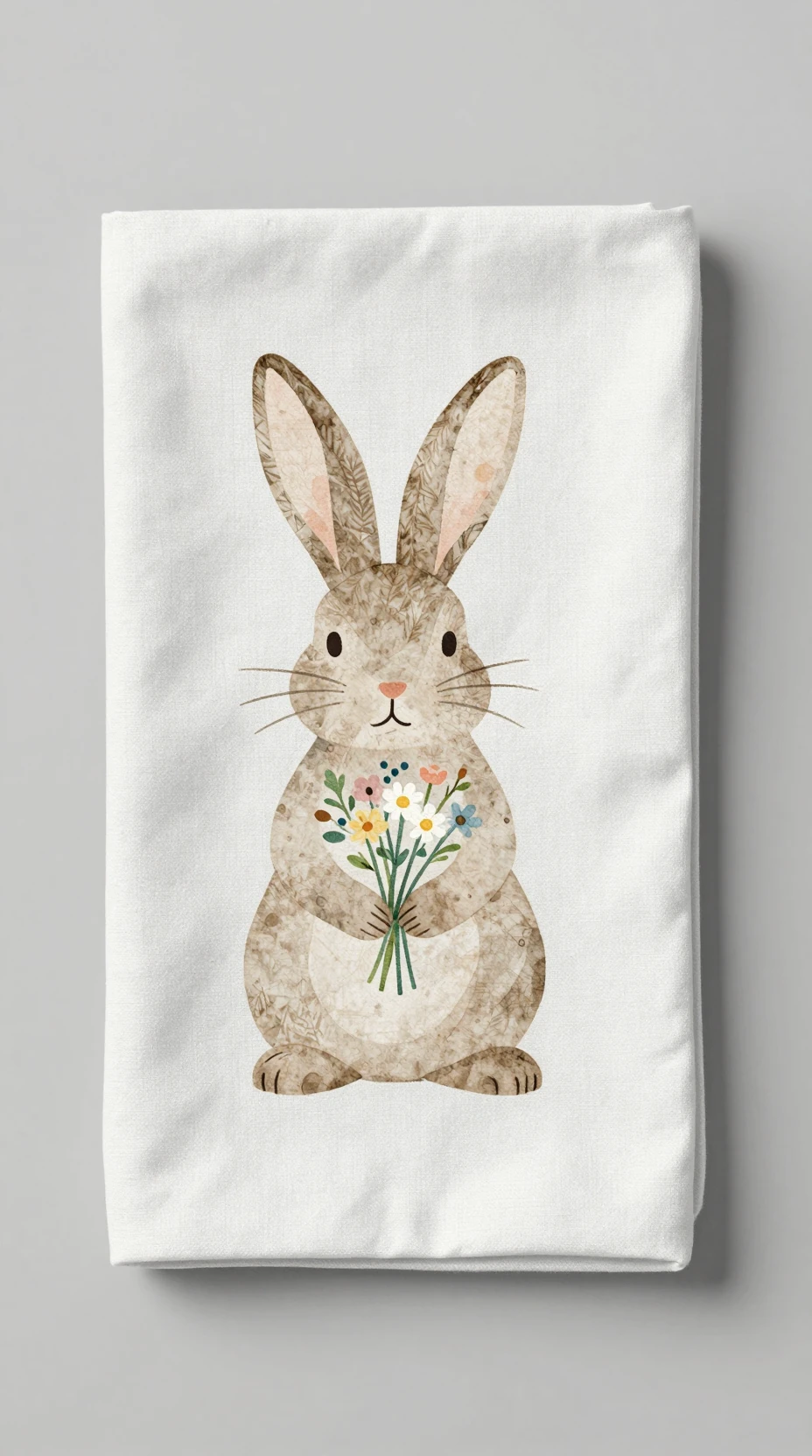 Coelho minimalista em aquarela segurando flores de primavera no branco