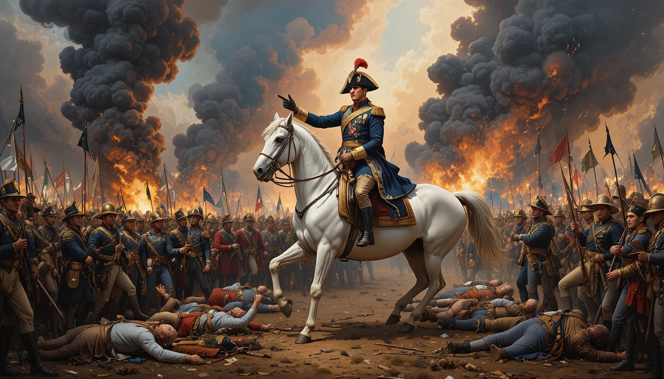 Napoleon leading a charge on horseback across a burning battlefield