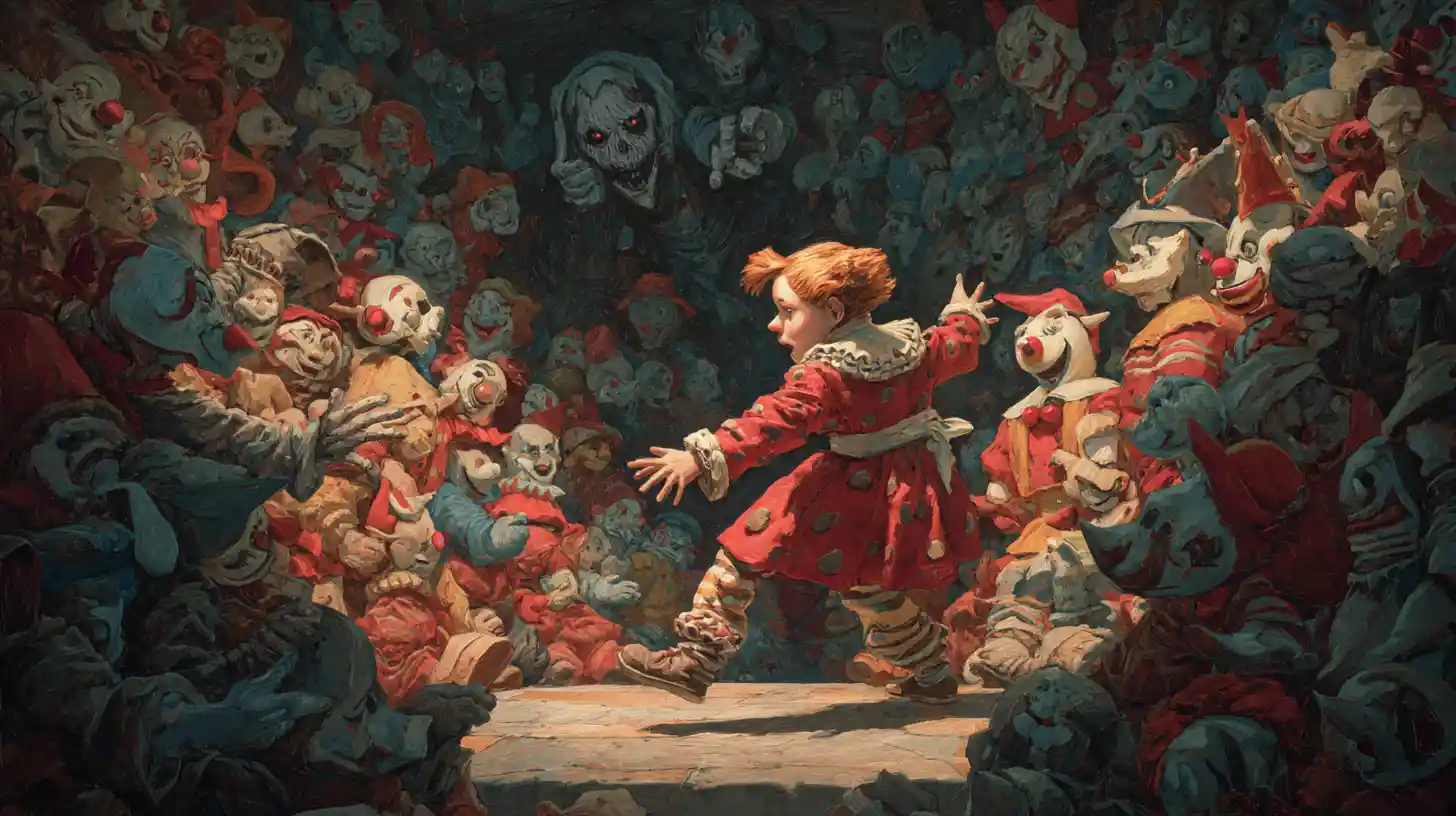 Enfant entouré de poupées de clowns dans une chambre baroque surréaliste
