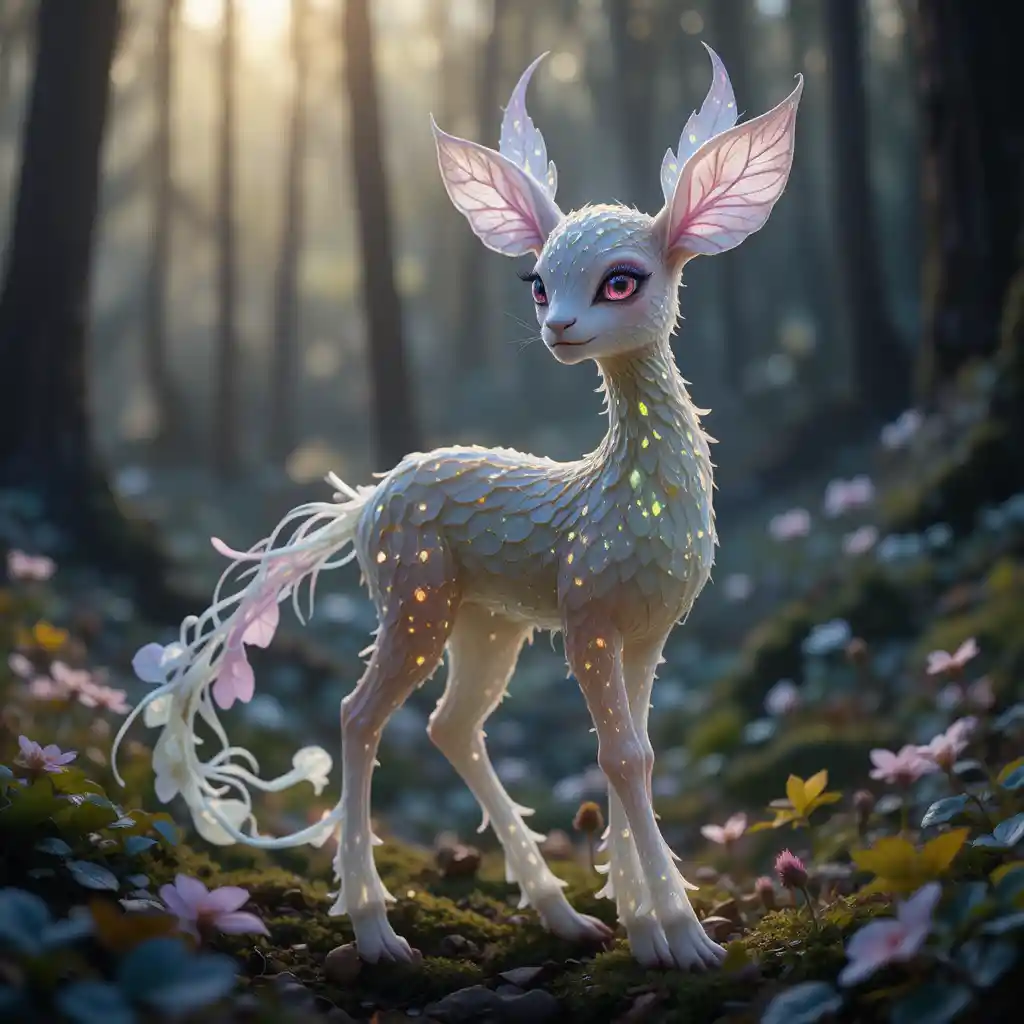 在森林空地中柔和發光的鹿形奇幻生物
