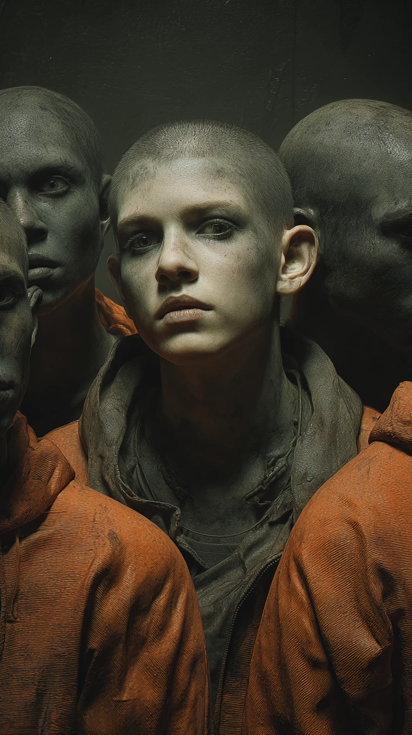Close up of enslaved figures in a steel prison