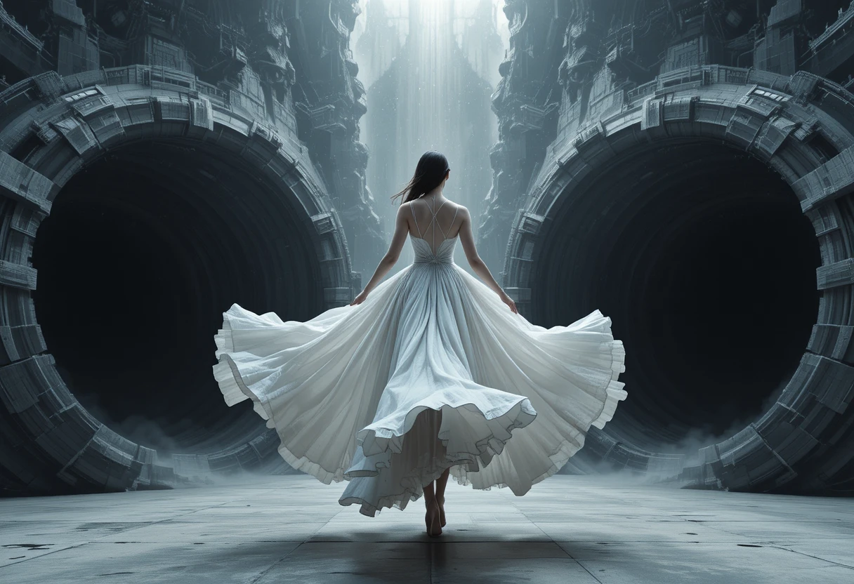 Ethereal woman drifting toward twin voids in space
