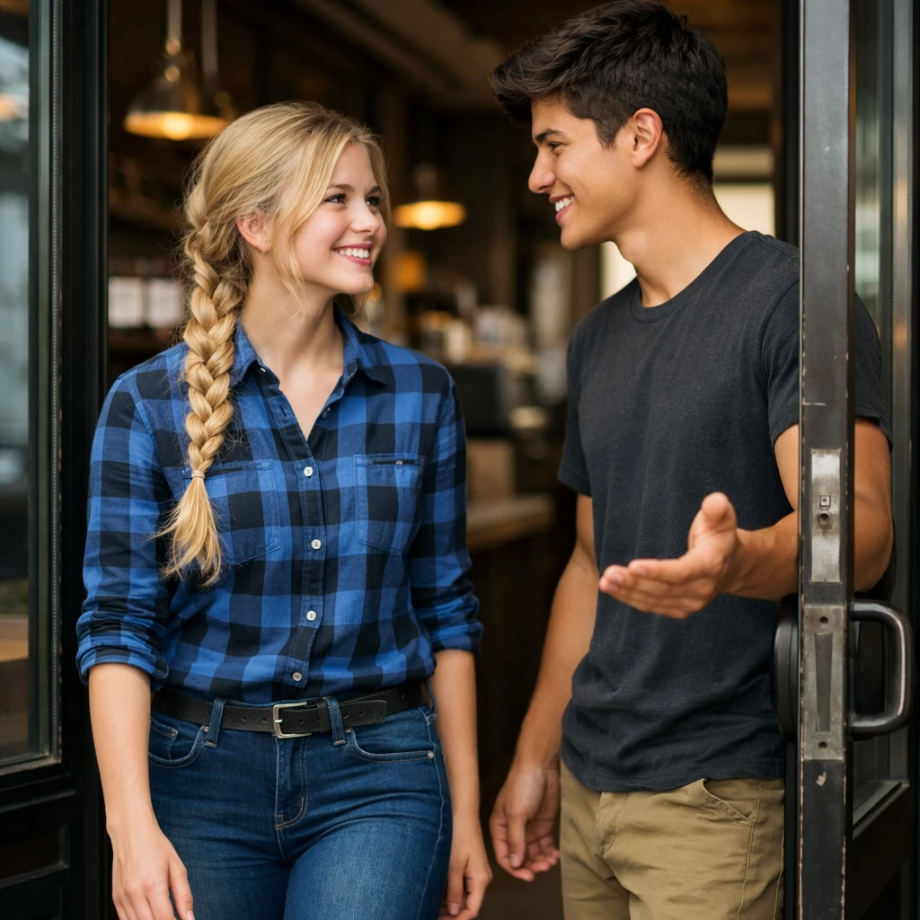 Teen girl leaving a coffee shop as a barista holds the door