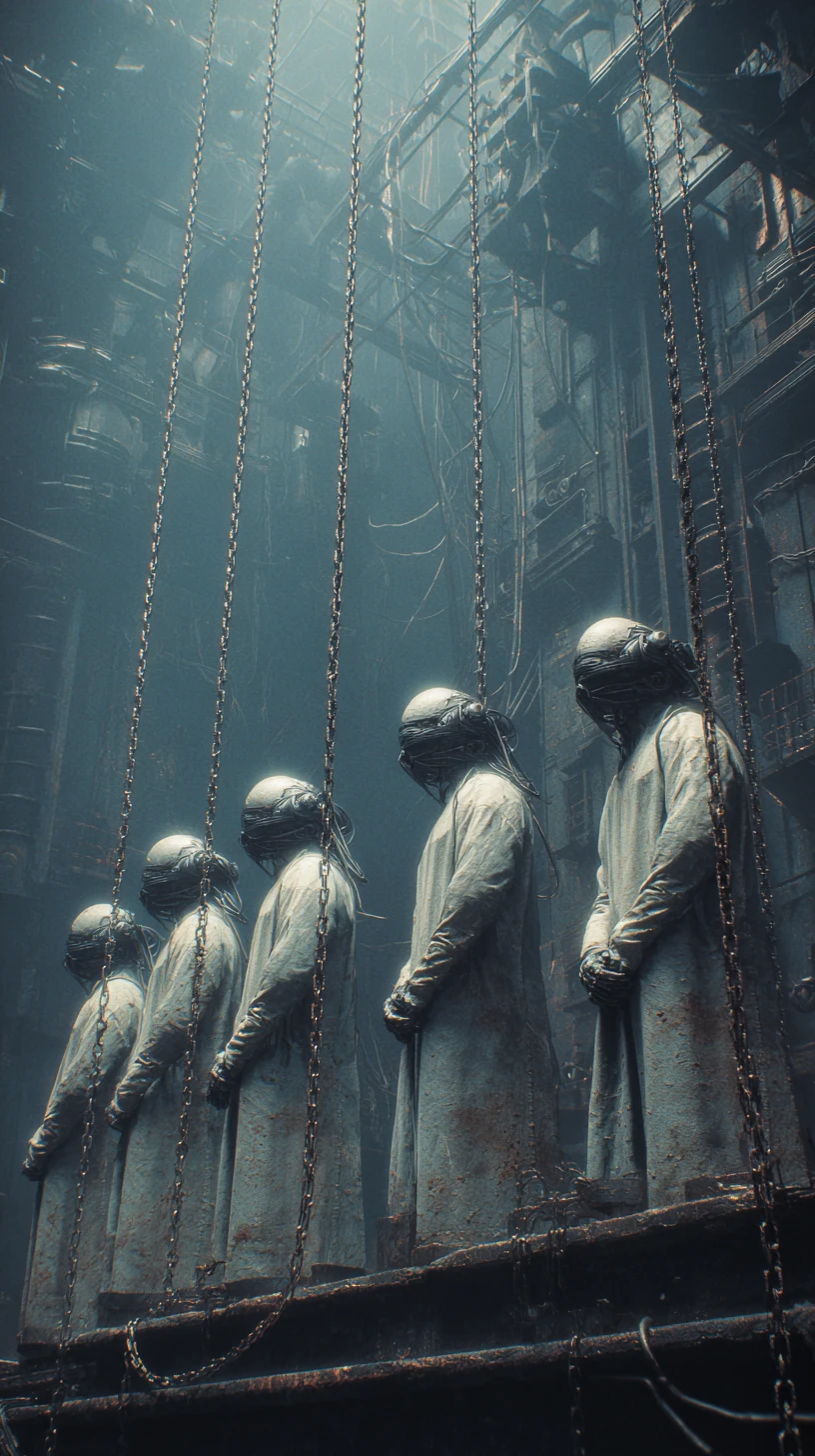 Close up of steel bound slaves in a dark prison