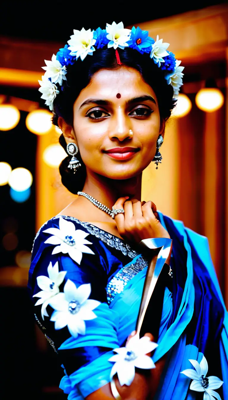 Young woman in blue saree with flower garland at night