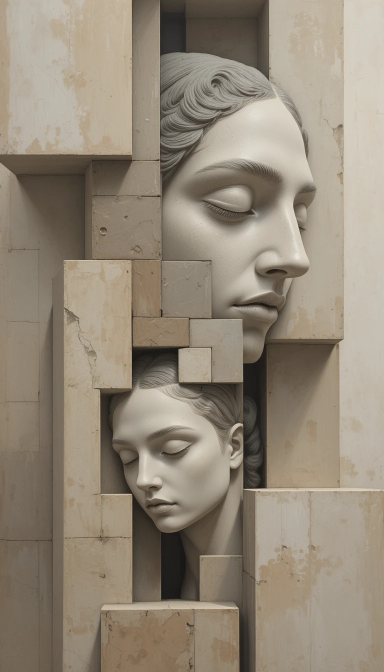Monochrome kubistische Gesichter, verschmolzen mit architektonischen geometrischen Formen