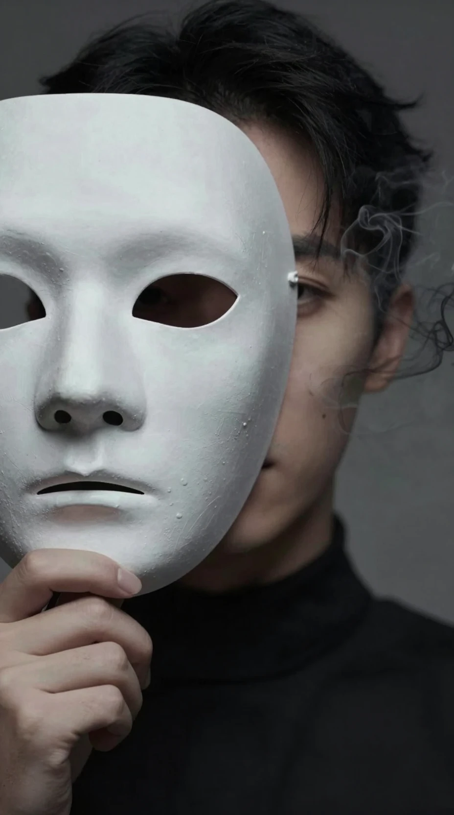 Persona che tiene in mano una maschera vuota con il volto che si dissolve nel fumo