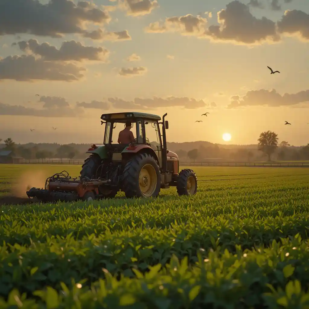 Agricultor em trator arando um campo verde ao nascer do sol