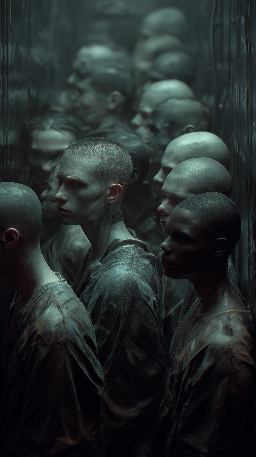 Realistic closeup of chained slaves inside a steel prison