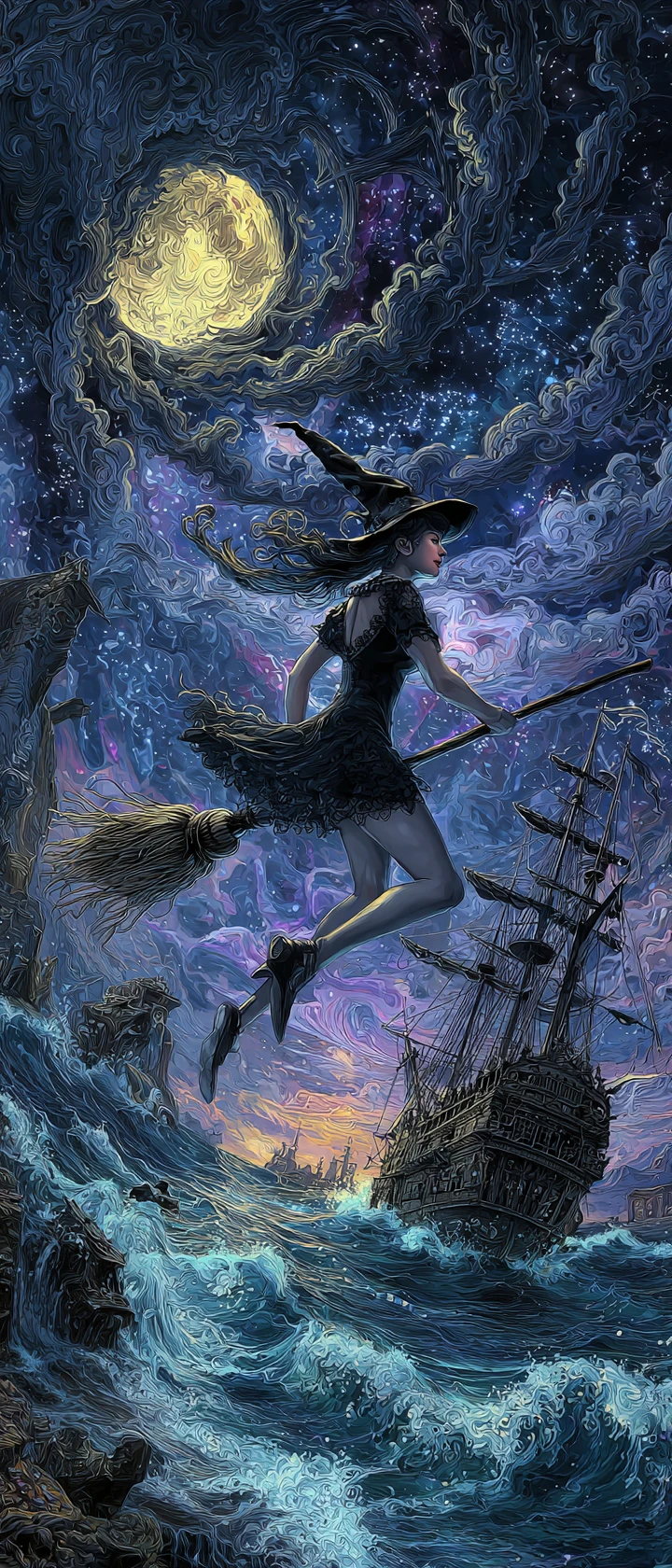 Strega che ride sulla scopa nel cielo stellato al chiaro di luna