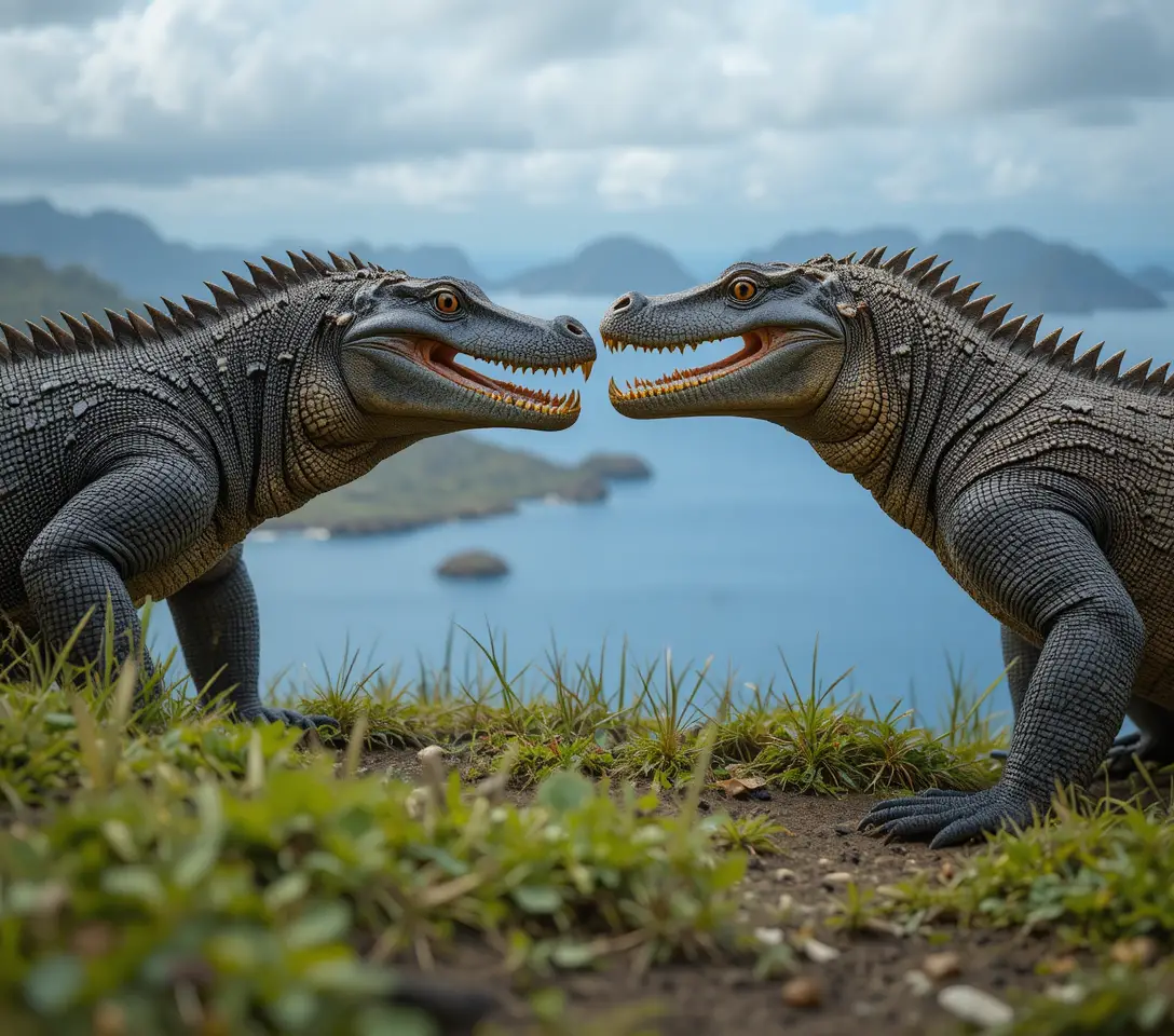 풀로 뒤덮인 해안 언덕에서 격돌하는 코모도드래곤