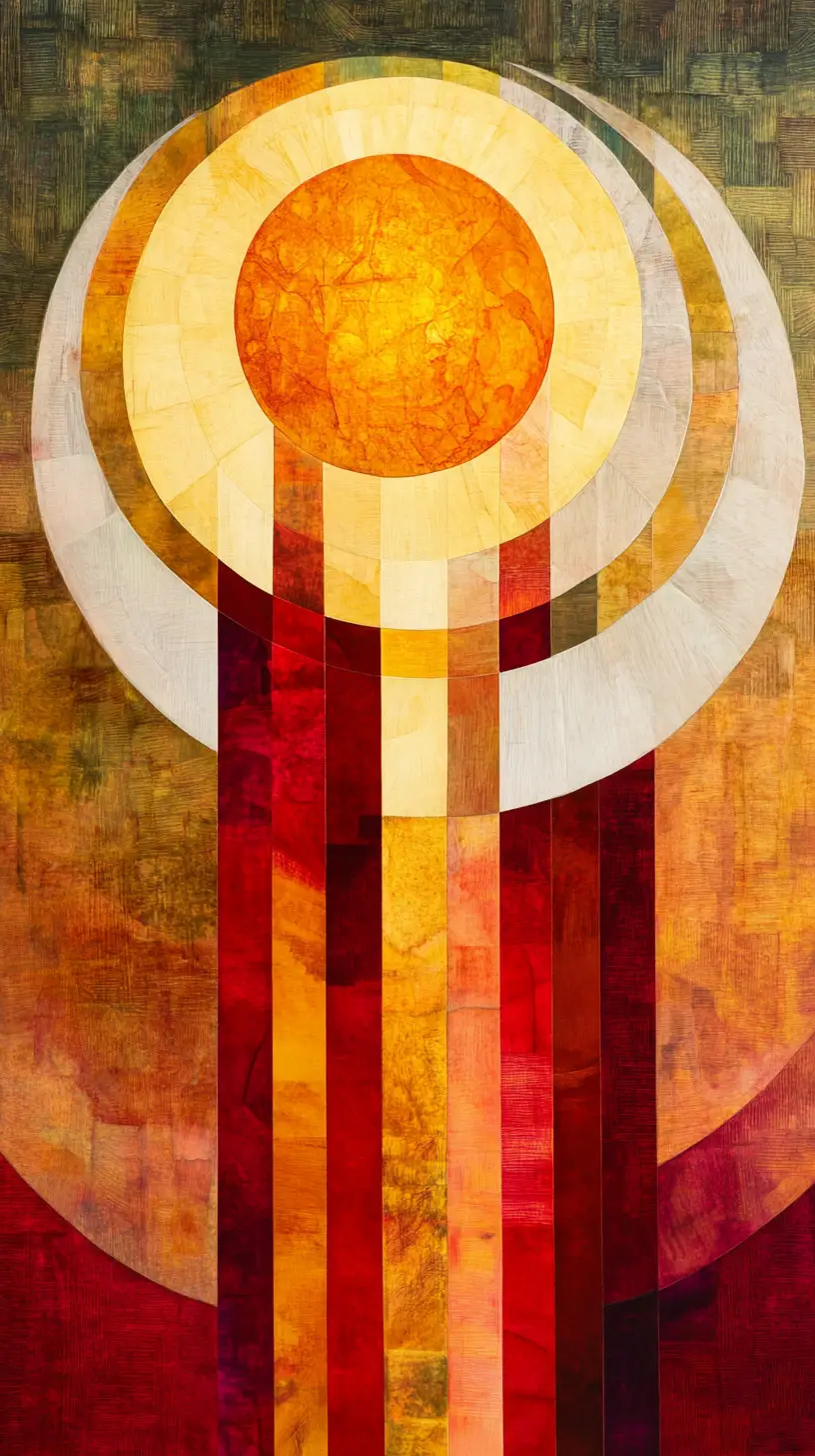 Cercle abstrait en vitrail avec orbe solaire rayonnant