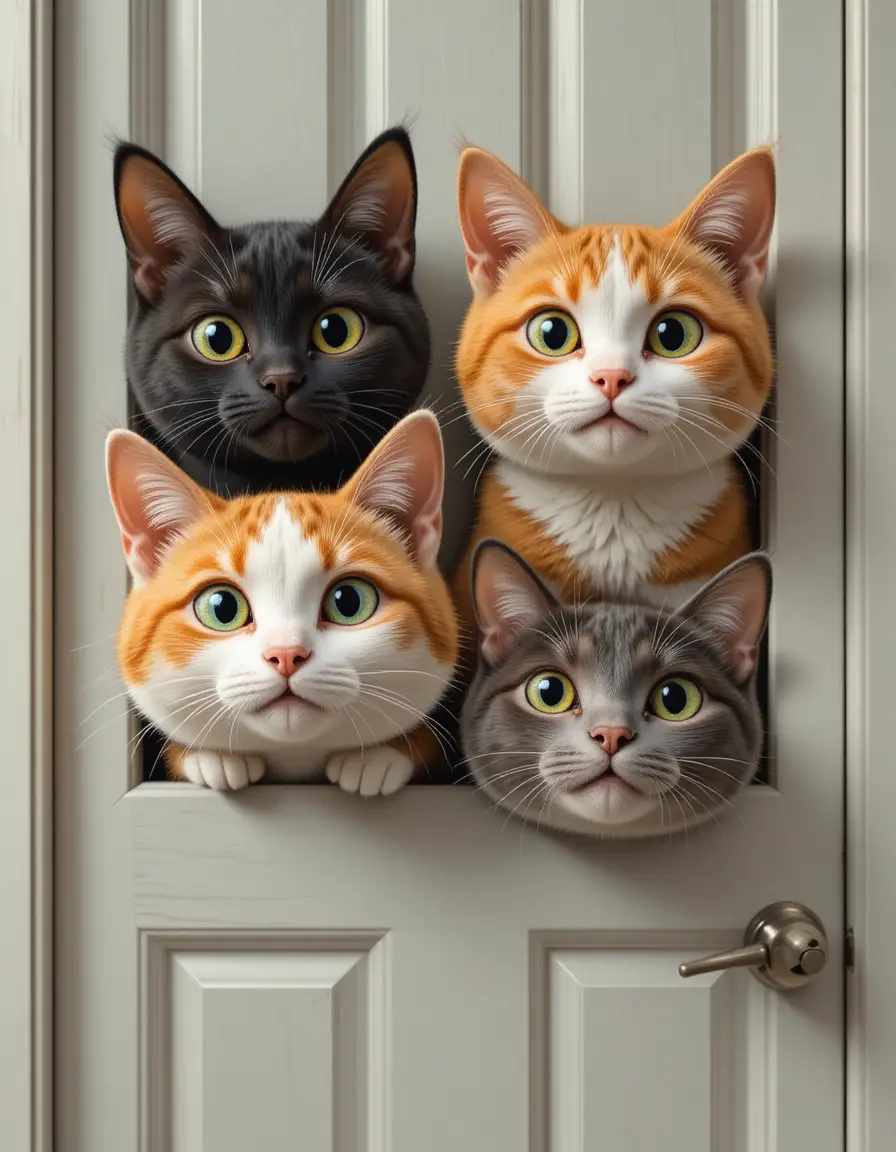 Quattro curiosi gatti cartoon che sbirciano in fila da una porta
