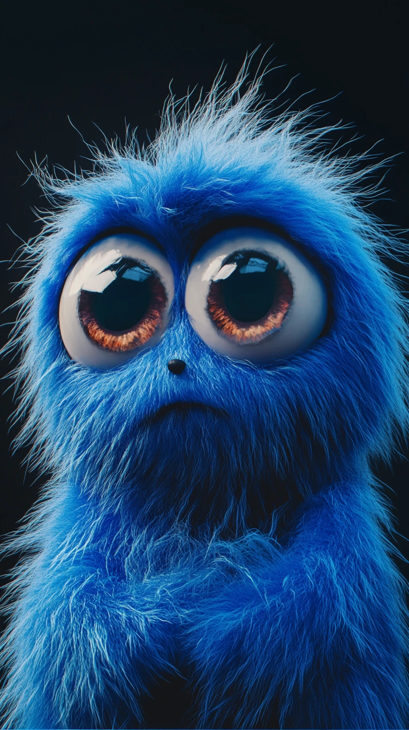 Monstro azul fofinho em close com olhos tristes e brilhantes