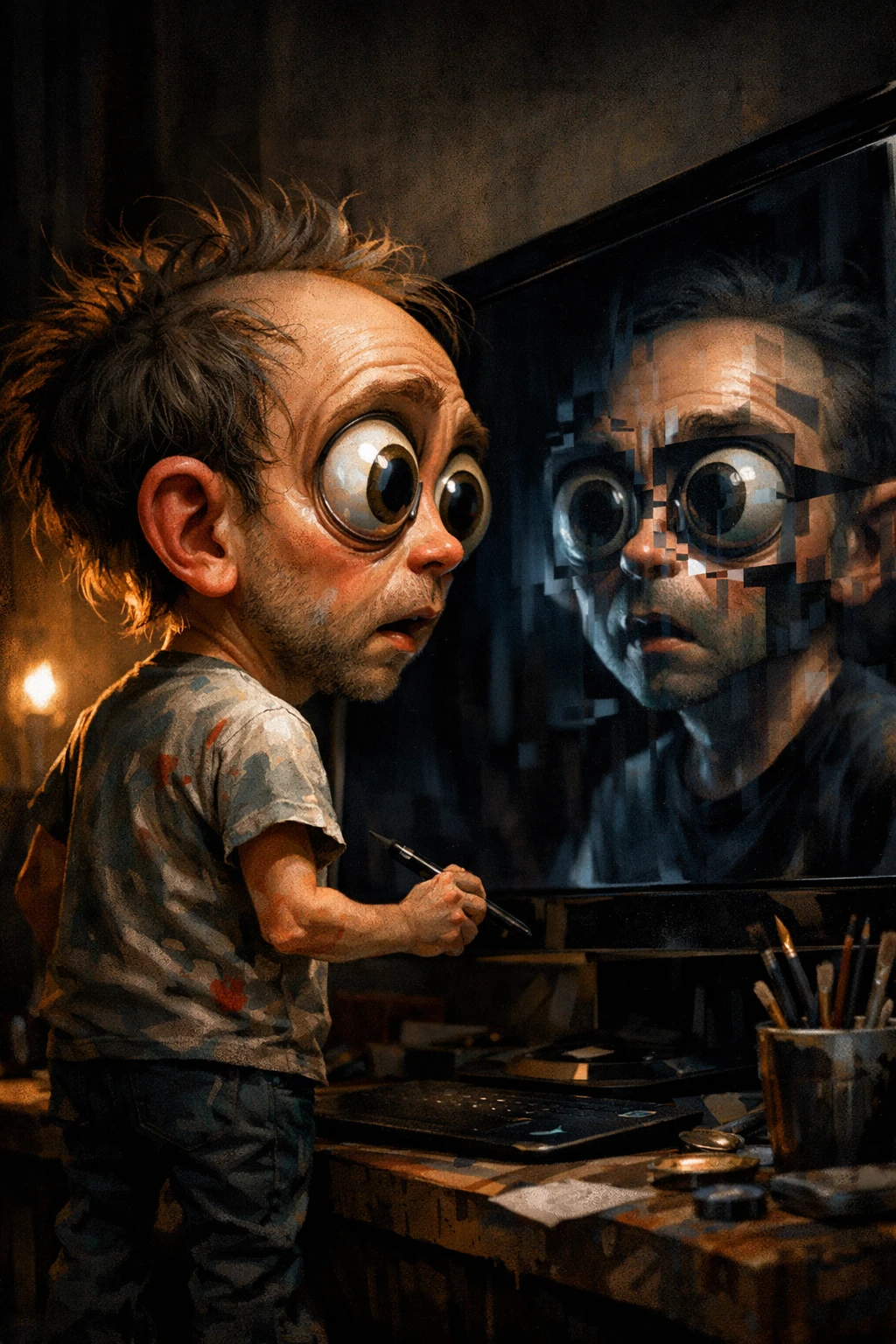 Uomo che Affronta il suo Riflesso Distorto in uno Studio Buio
