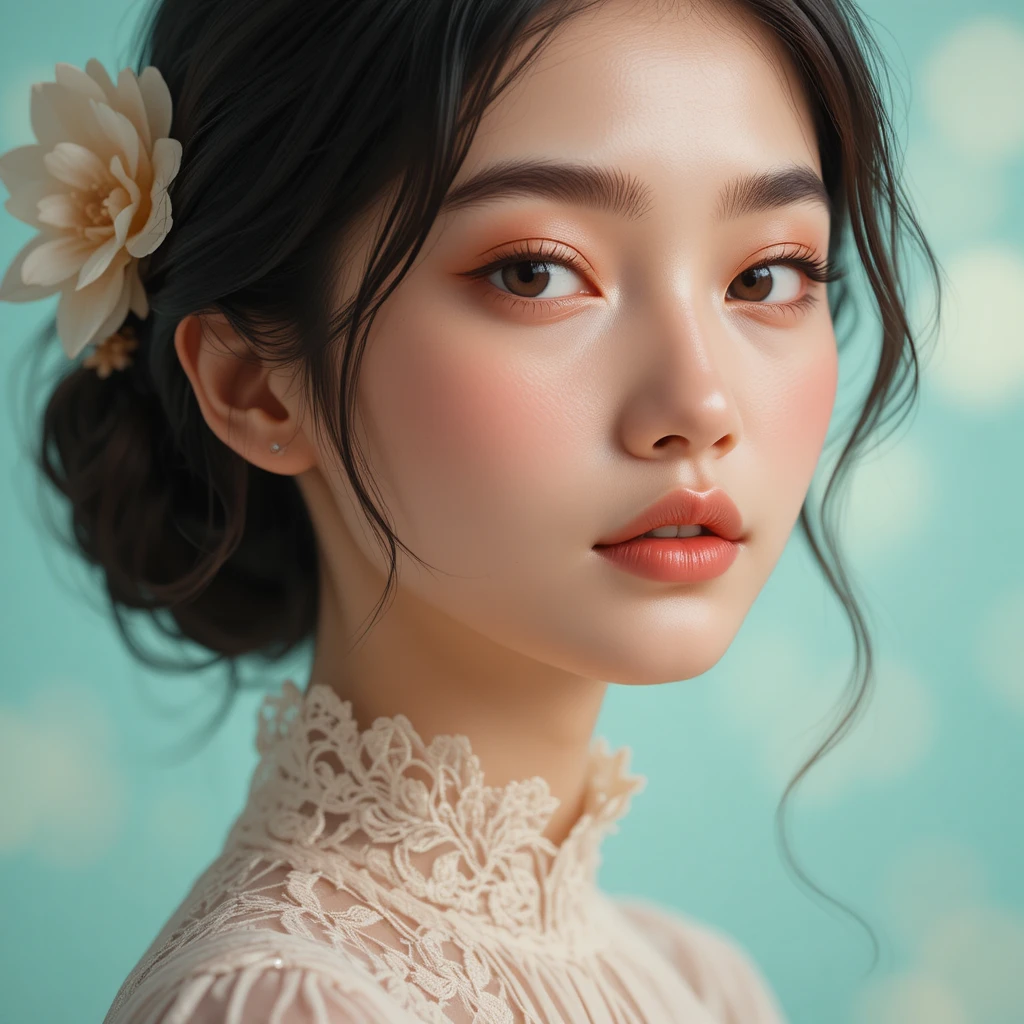 穿著花卉蕾絲上衣女孩的柔和近距人像