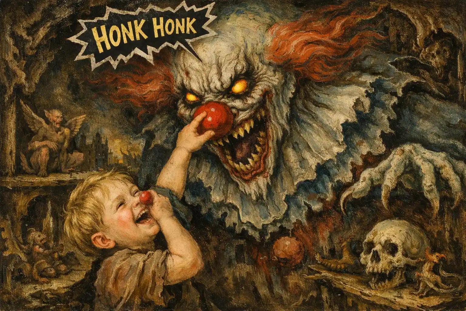Terrifying clown ghost looming as a laughing child honks its nose