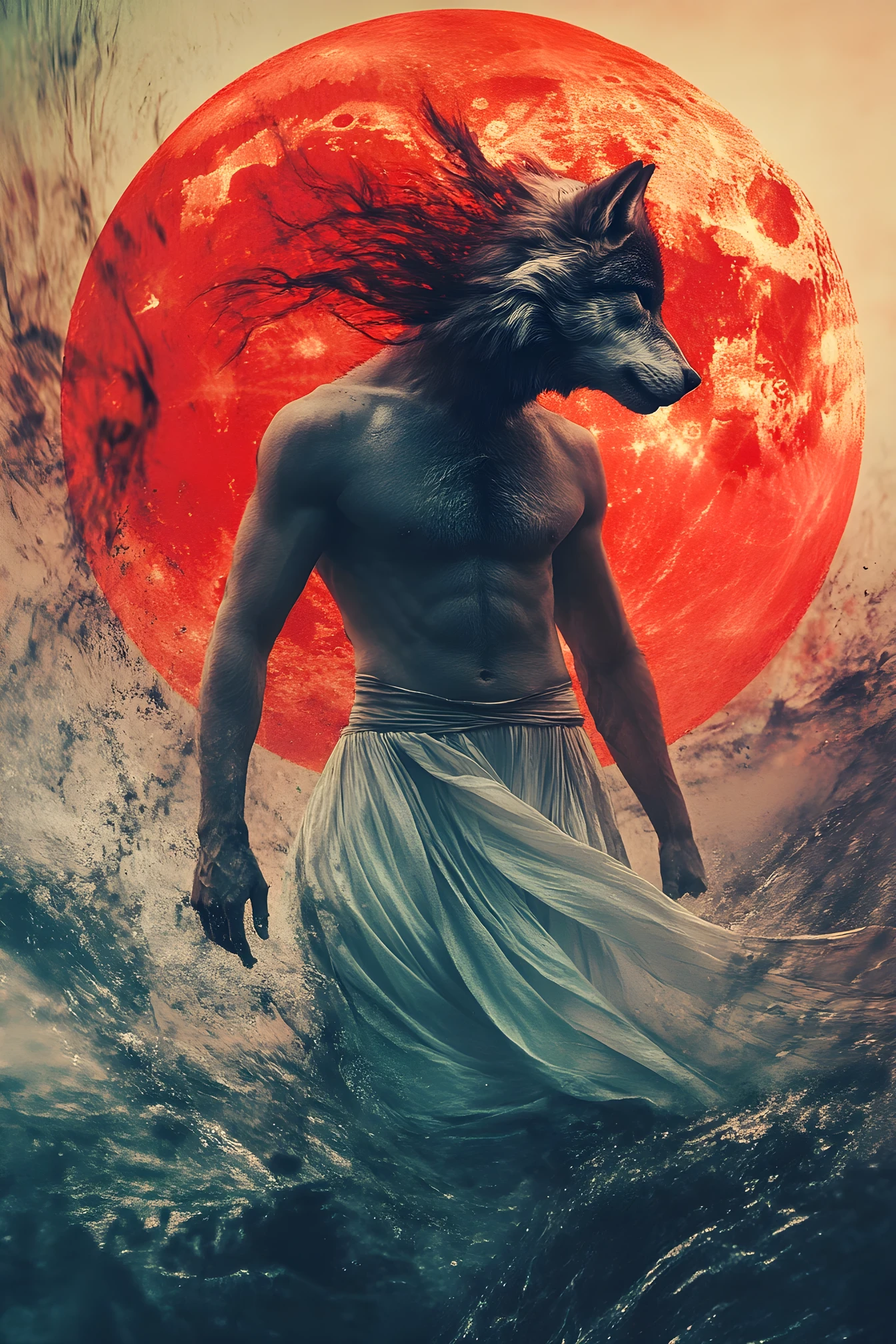 Homme-loup anthropomorphe courant dans un lin rouge flottant