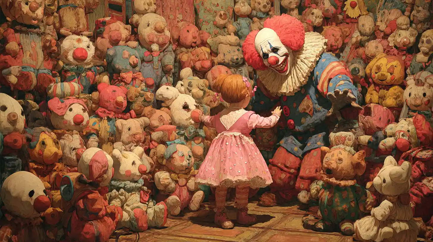 Bambino piccolo circondato da bambole di clown in una stanza barocca