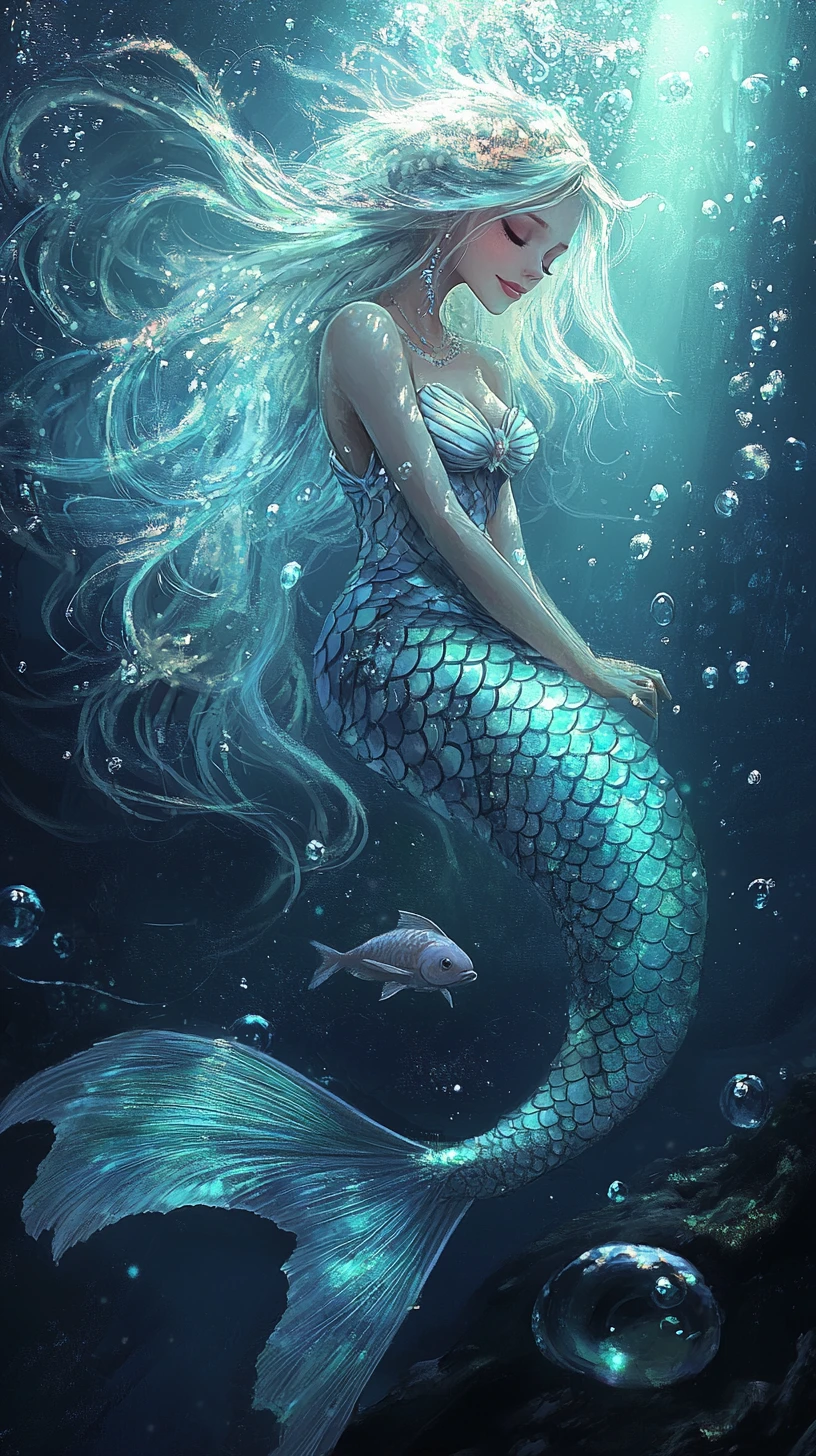 Graceful fantasy mermaid floating in a glowing underwater scene