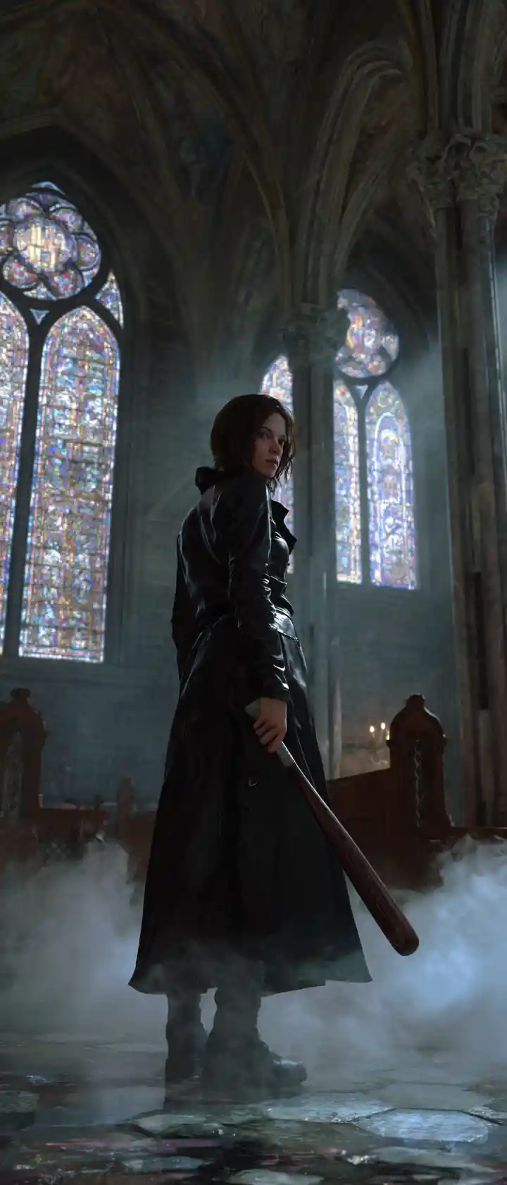 Woman with baseball bat in fog filled gothic church
