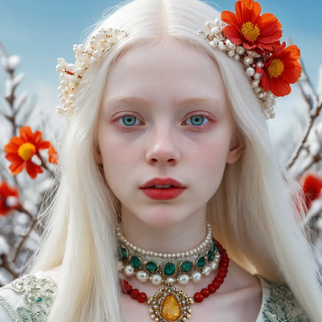 Porträt eines Albino-Mädchens mit roten Blumen in verschneiter Landschaft