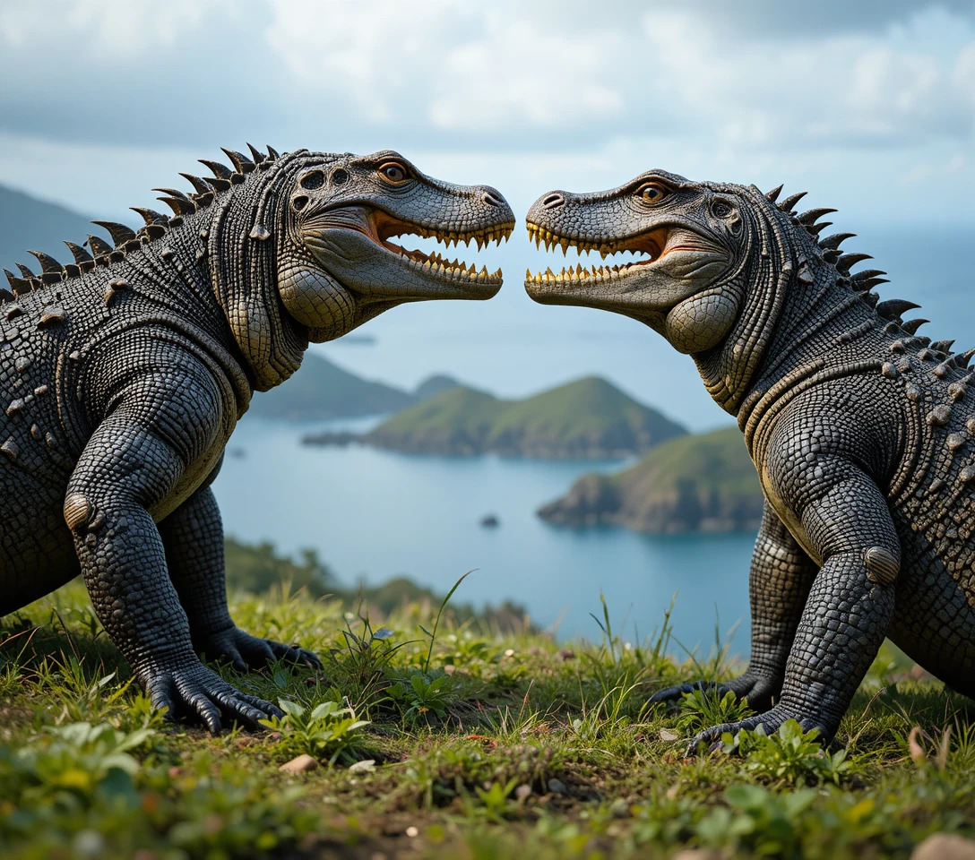 Deux dragons de Komodo qui se battent sur une colline côtière herbeuse