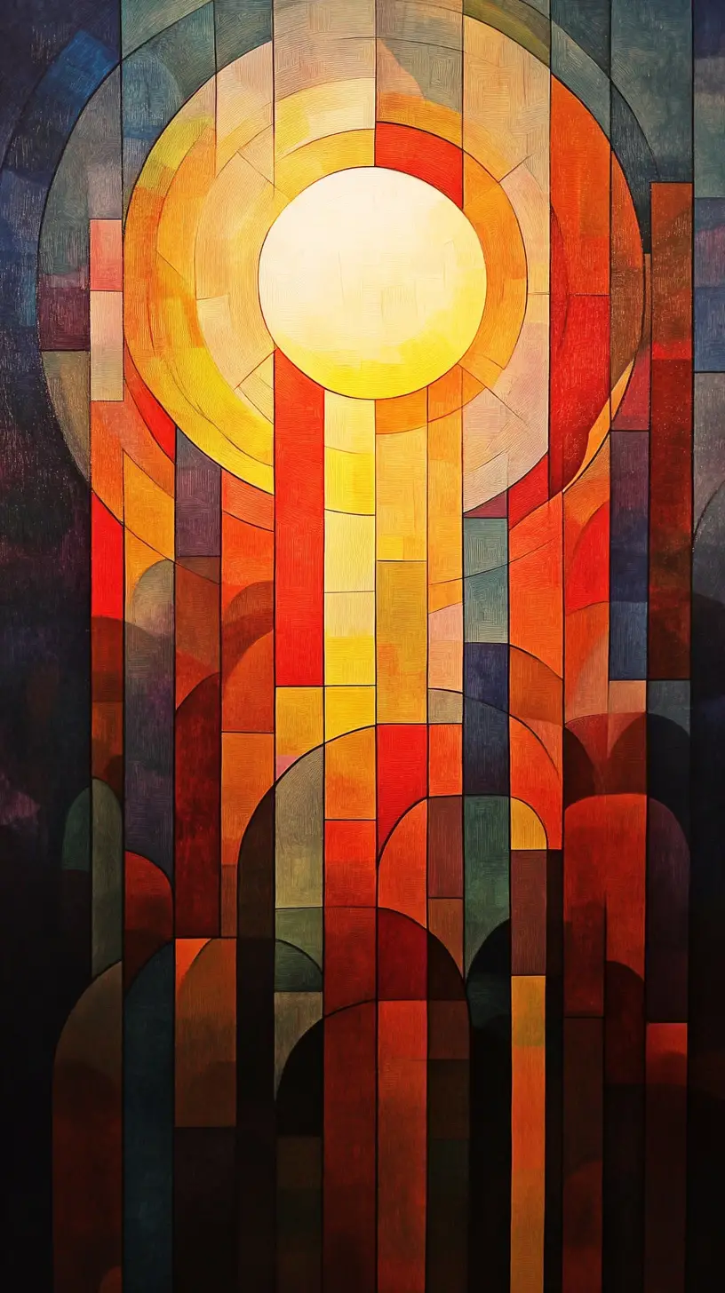 Cercle abstrait en vitrail avec orbe solaire rayonnant